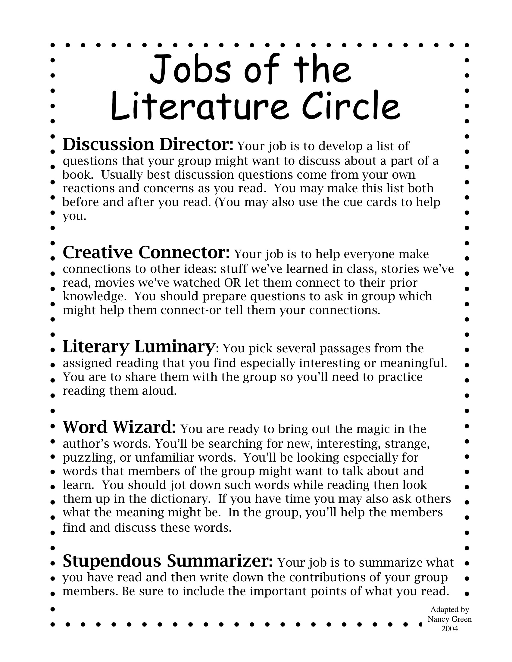 » Literature Circle Handouts (Not my work): (2nd-6th Grade) Jake Dury